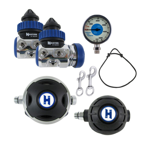 Halcyon doubles regulator package H50D 2 first stages chrome plated with 2 Halo second stages, SPG, necklace and primary regulator and SPG stainless steel bolt snaps