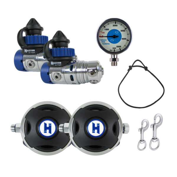 Halcyon doubles regulator package H75P 2 first stages chrome plated with 2 Halo second stages, SPG, necklace and primary regulator and SPG stainless steel bolt snaps