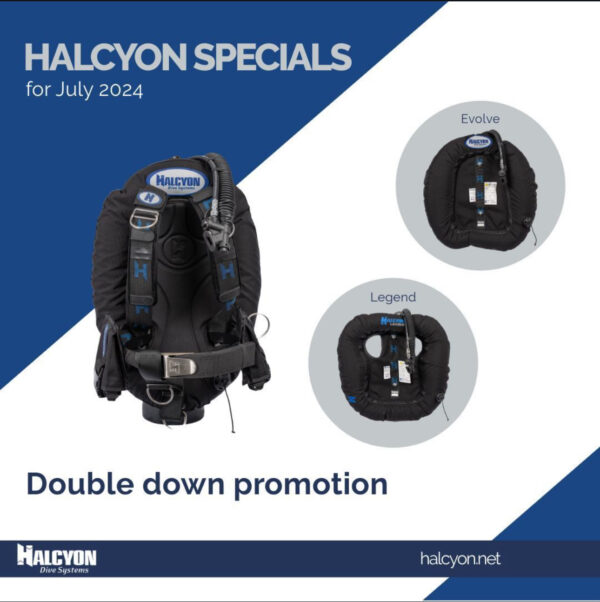 Halcyon Infinity BCD system with double down promotion choice of a Halcyon Legend or Evolve Double Tank wing at 50% off